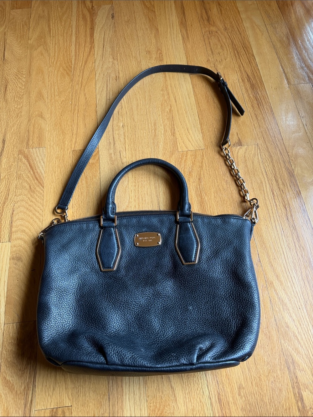 Michael Kors Black Pebbled Leather Satchel with Gold Accents